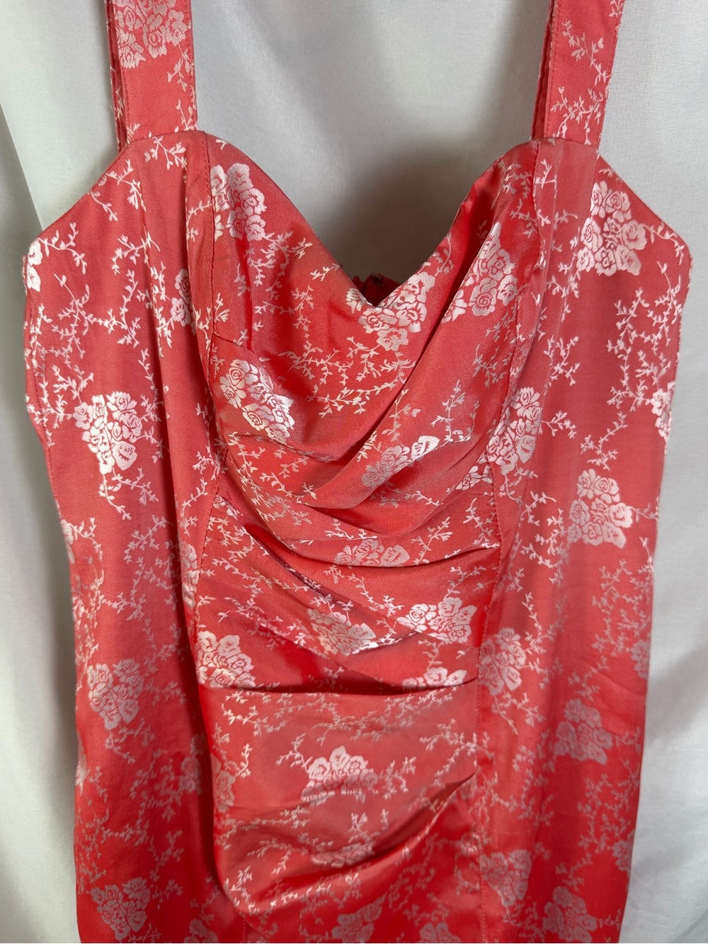 Vintage Jill Stuart Studio Coral Pink Floral Cowl Neck Ruched Bodycon Dress (4) - Picture 3 of 7